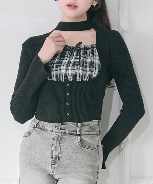 【Belle Charme】Choker Design Rib Knit 拼接針織上衣