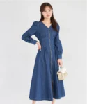 【tocco closet】珍珠拉鍊馬甲束腰風牛仔連衣裙