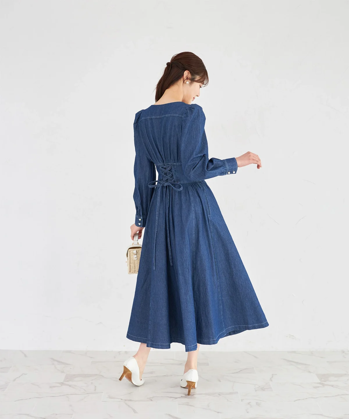 【tocco closet】珍珠拉鍊馬甲束腰風牛仔連衣裙