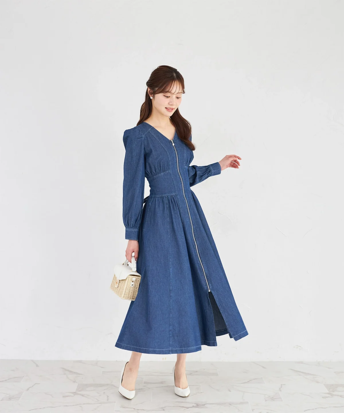 【tocco closet】珍珠拉鍊馬甲束腰風牛仔連衣裙
