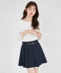 【tocco closet】下擺蕾絲內搭短褲式百褶裙（附腰帶）