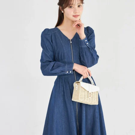 【tocco closet】珍珠拉鍊馬甲束腰風牛仔連衣裙