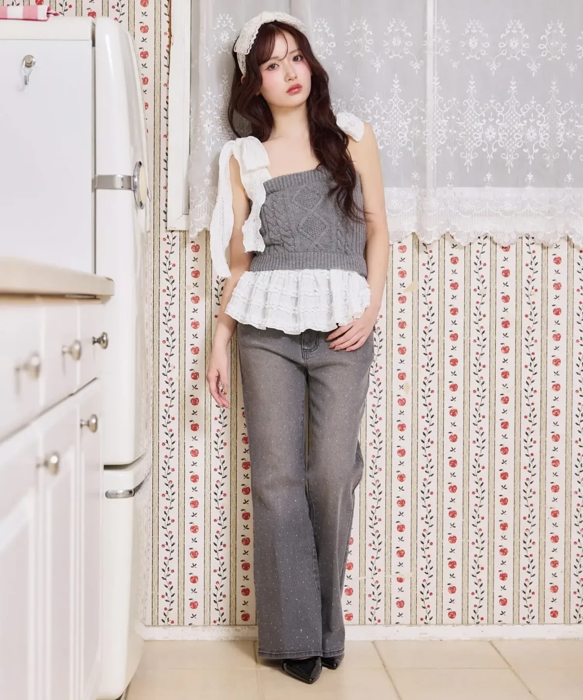 one after another nice claup【Denim Collection】肩リボンビスチェ 拼接款top 灰色 現貨