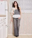 one after another nice claup【Denim Collection】肩リボンビスチェ 拼接款top 灰色 現貨