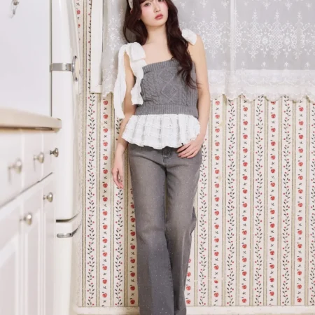 one after another nice claup【Denim Collection】肩リボンビスチェ 拼接款top 灰色 現貨