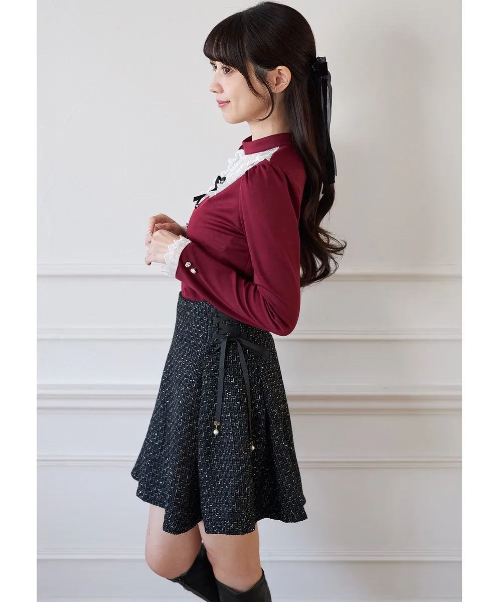 日本Suyunn Tweed 材質花呢顯瘦A cutting + 珍珠絲帶裝飾喇叭裙 スカート レース 現貨