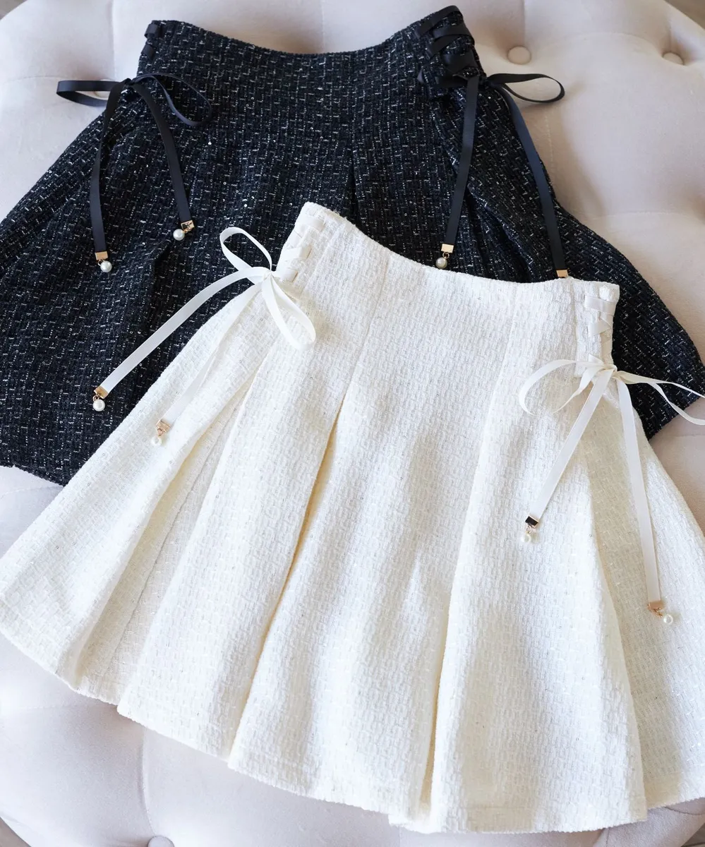 日本Suyunn Tweed 材質花呢顯瘦A cutting + 珍珠絲帶裝飾喇叭裙 スカート レース 現貨