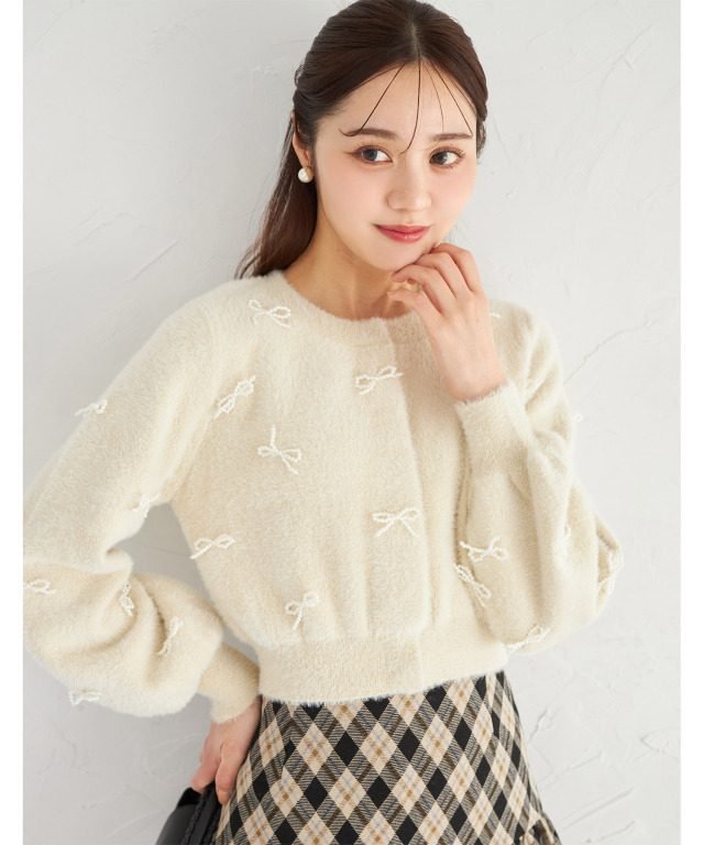 日本 tocco closet 珍珠蝴蝶結閃蔥毛絨針織外套