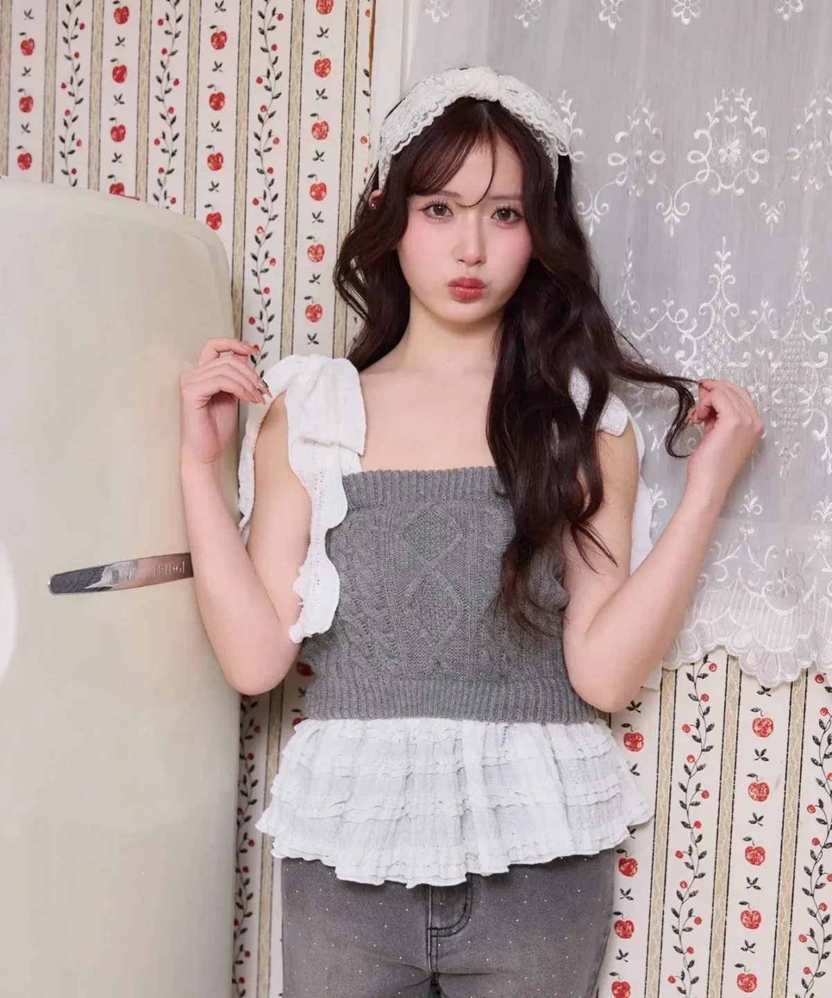 one after another nice claup【Denim Collection】肩リボンビスチェ 拼接款top 灰色 現貨
