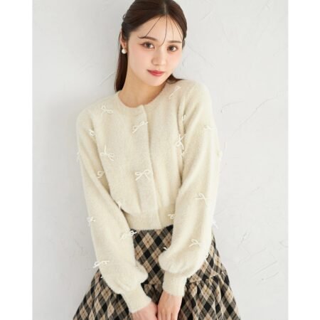 日本 tocco closet 珍珠蝴蝶結閃蔥毛絨針織外套
