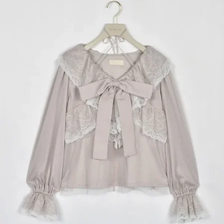 日本 An MILLE Ribbon tulle frill blouse 雪紡花邊蕾絲長袖恤衫top 3色 預約