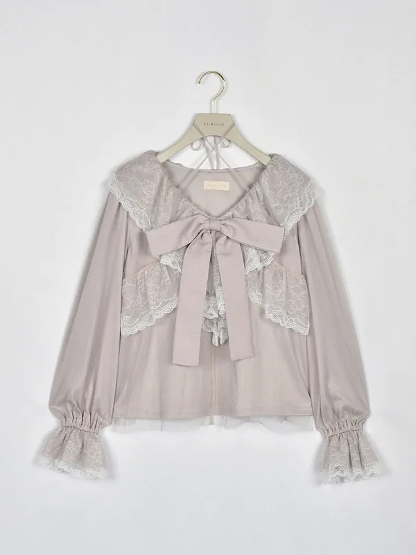 日本 An MILLE Ribbon tulle frill blouse 雪紡花邊蕾絲長袖恤衫top 3色 預約
