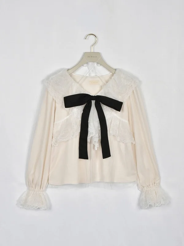 日本 An MILLE Ribbon tulle frill blouse 雪紡花邊蕾絲長袖恤衫top 3色 預約