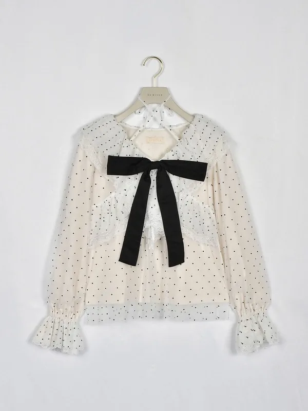 日本 An MILLE Ribbon tulle frill blouse 雪紡花邊蕾絲長袖恤衫top 3色 預約