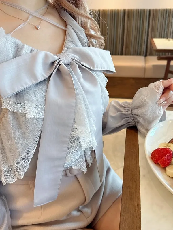 日本 An MILLE Ribbon tulle frill blouse 雪紡花邊蕾絲長袖恤衫top 3色 預約