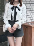 日本 An MILLE Ribbon tulle frill blouse 雪紡花邊蕾絲長袖恤衫top 3色 預約