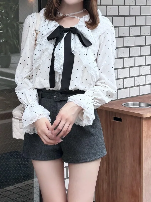 日本 An MILLE Ribbon tulle frill blouse 雪紡花邊蕾絲長袖恤衫top 3色 預約