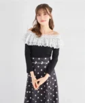 日本 Tocco Closet 中袖 2 ways 一字領波點花邊 top 着こなし広がる2WAY仕様♪ドットフリル付きリブカットプルオーバー 現貨