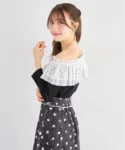 日本 Tocco Closet 中袖 2 ways 一字領波點花邊 top 着こなし広がる2WAY仕様♪ドットフリル付きリブカットプルオーバー 現貨